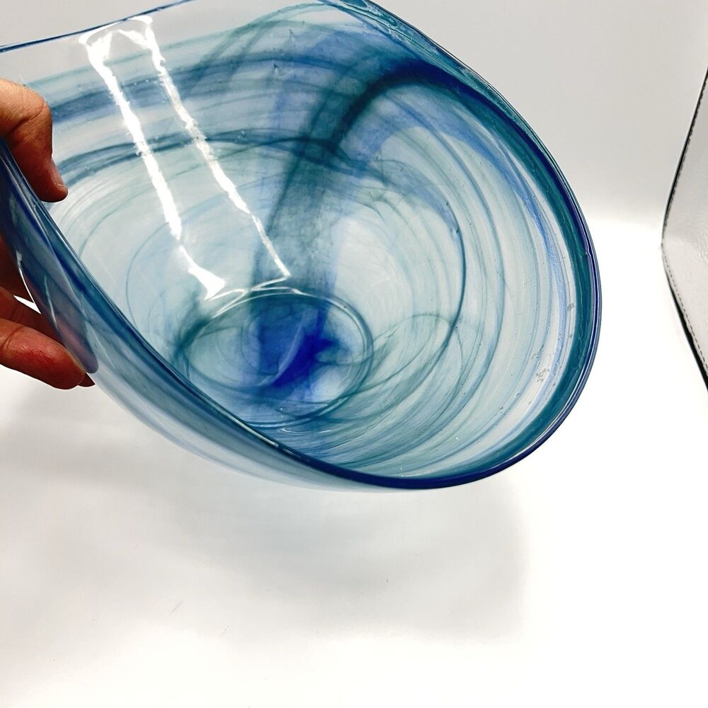 14"x7" Oval Blue Folded Satin Glass Bowl Lines Swirls - Picture 12 of 16
